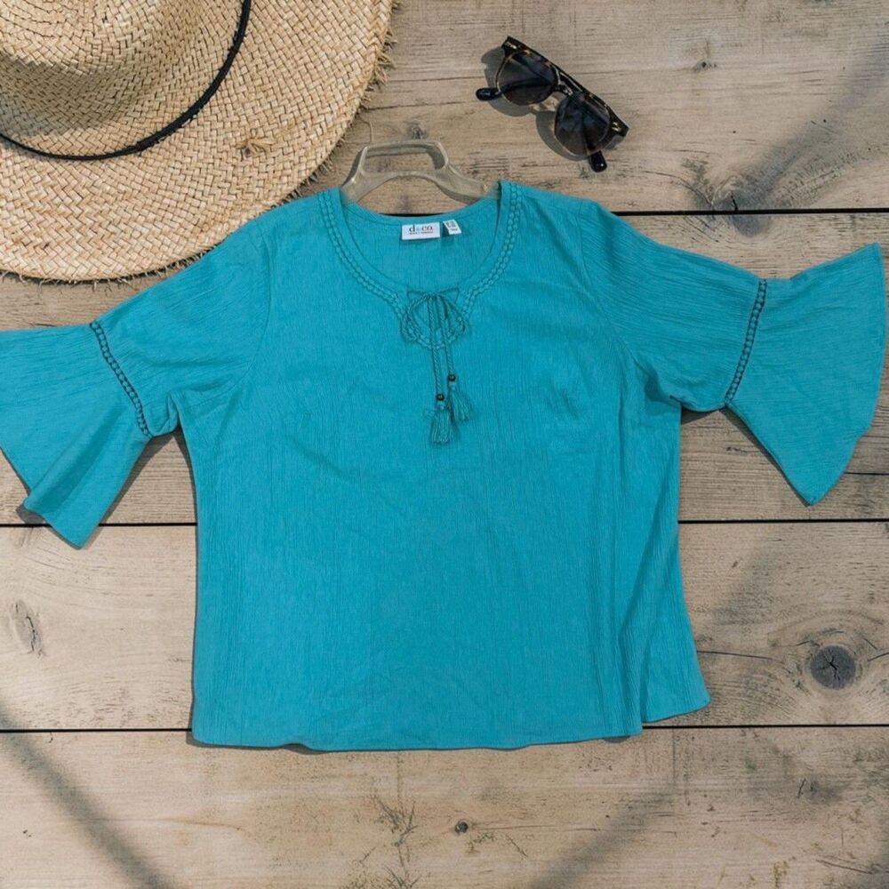 d&co Denim & Company Women’s 1X Turquoise Boho Peasant Blouse - Picture 2 of 12